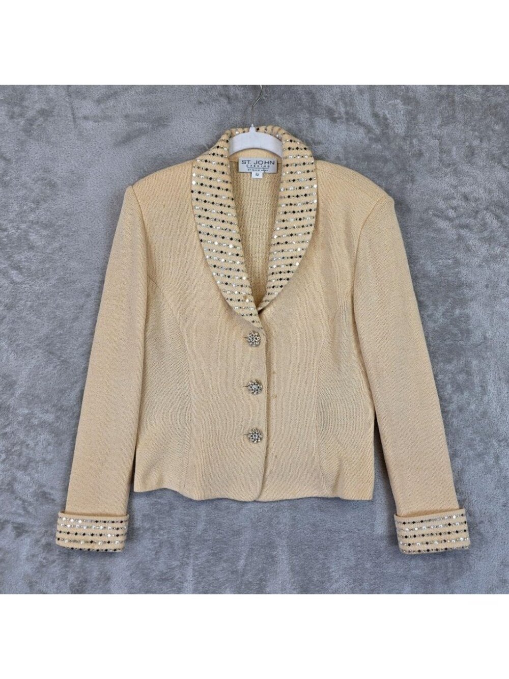 Vintage St. John Evening Jacket Womens 12 Beige Knit Rhinestone Collar Cuffs